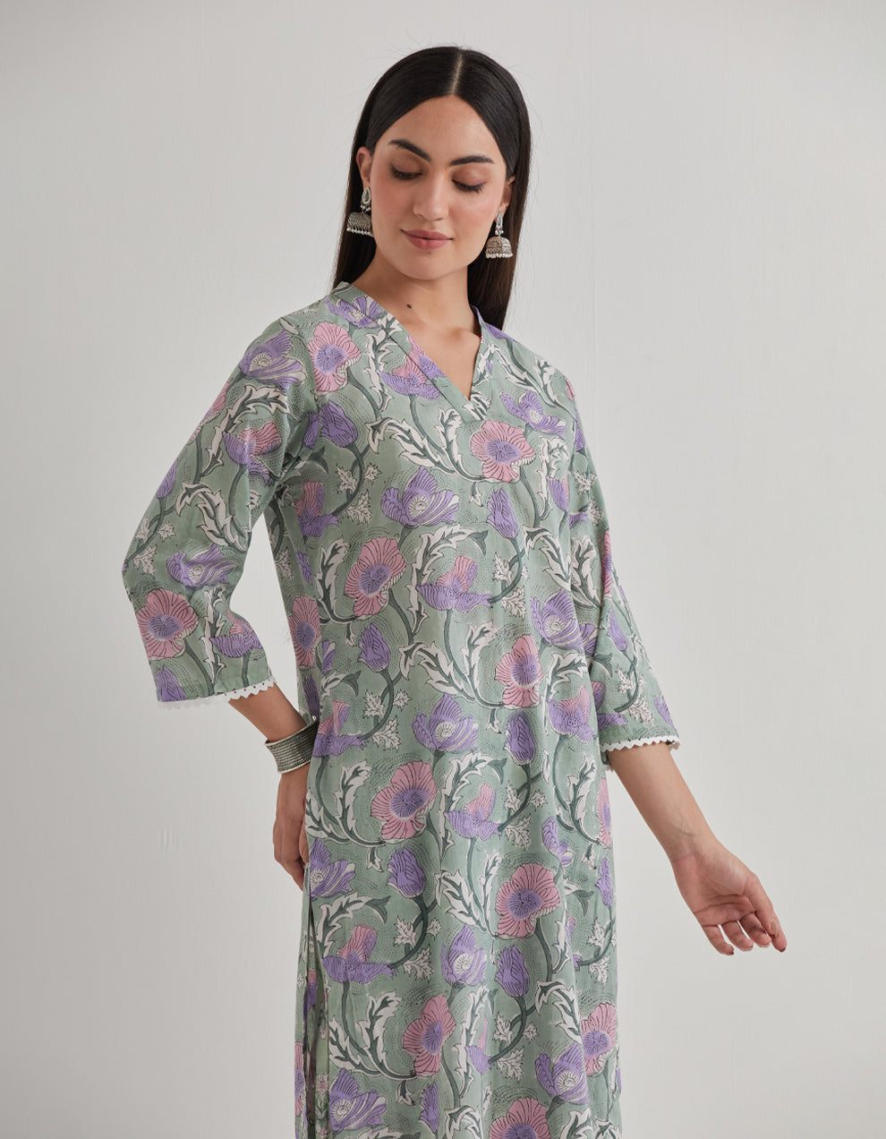 Green cotton printed kurta with pants and dupatta - Set of 3