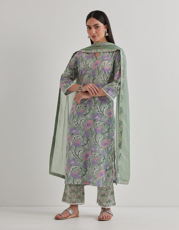 Green cotton printed kurta with pants and dupatta - Set of 3