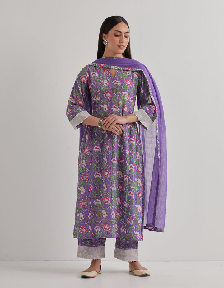 Light purple cotton printed kurta with pants and dupatta - Set of 3