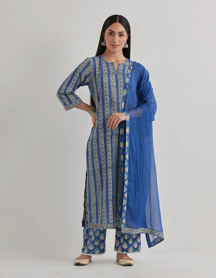 Blue cotton  printed straight kurta with pants - Set of 2