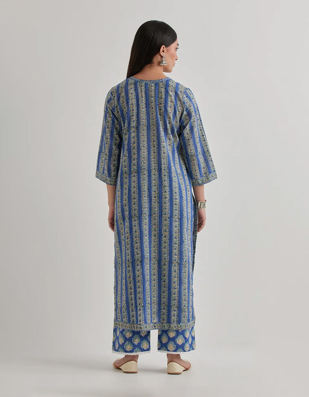 Blue cotton  printed straight kurta with pants - Set of 2