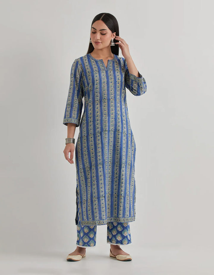 Blue cotton printed straight kurta