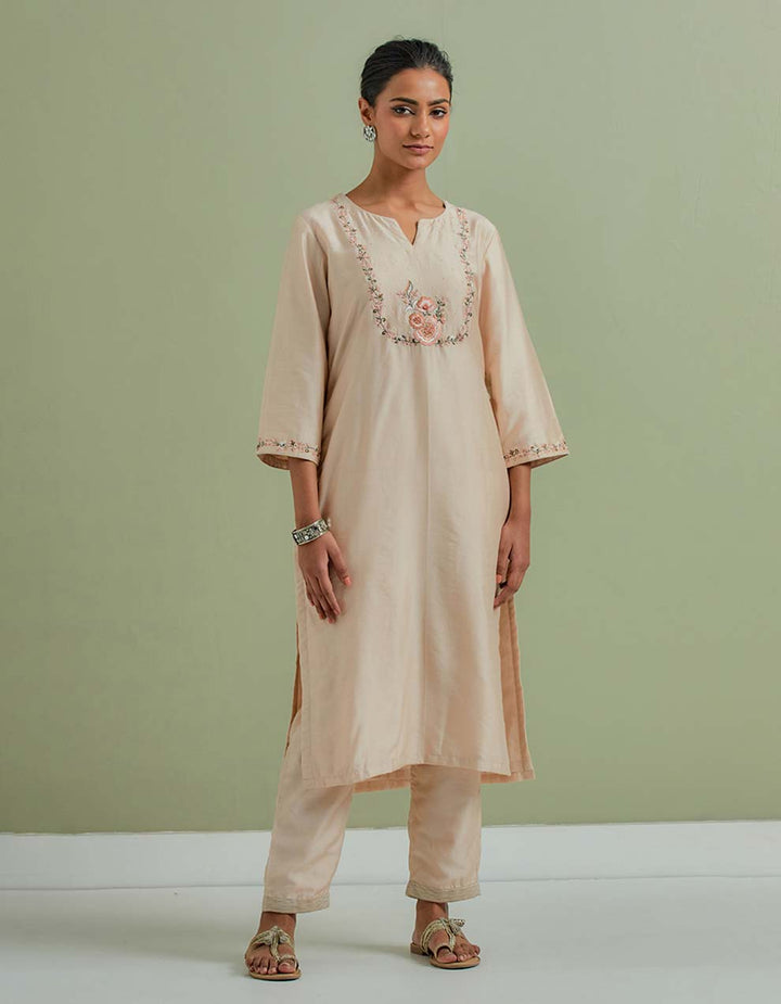 Beige Embroidered Chanderi Silk Kurta with Pants and Cotton Dupatta- Set of 3