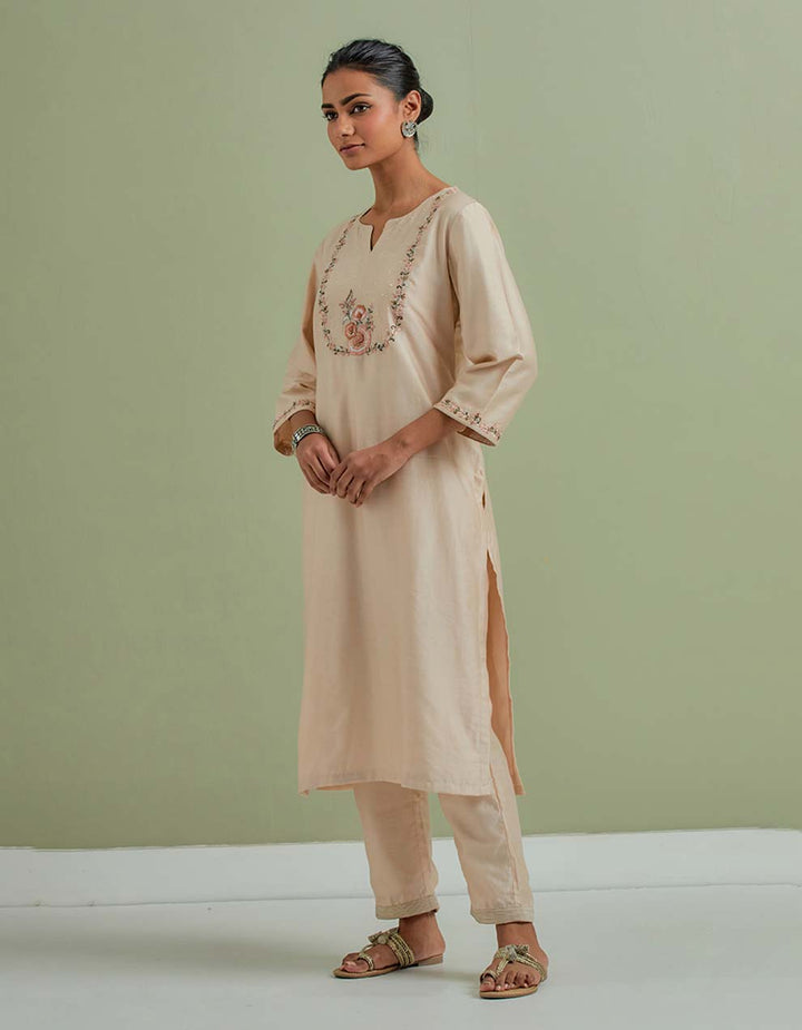 Beige Embroidered Chanderi Silk Kurta with Pants and Cotton Dupatta- Set of 3