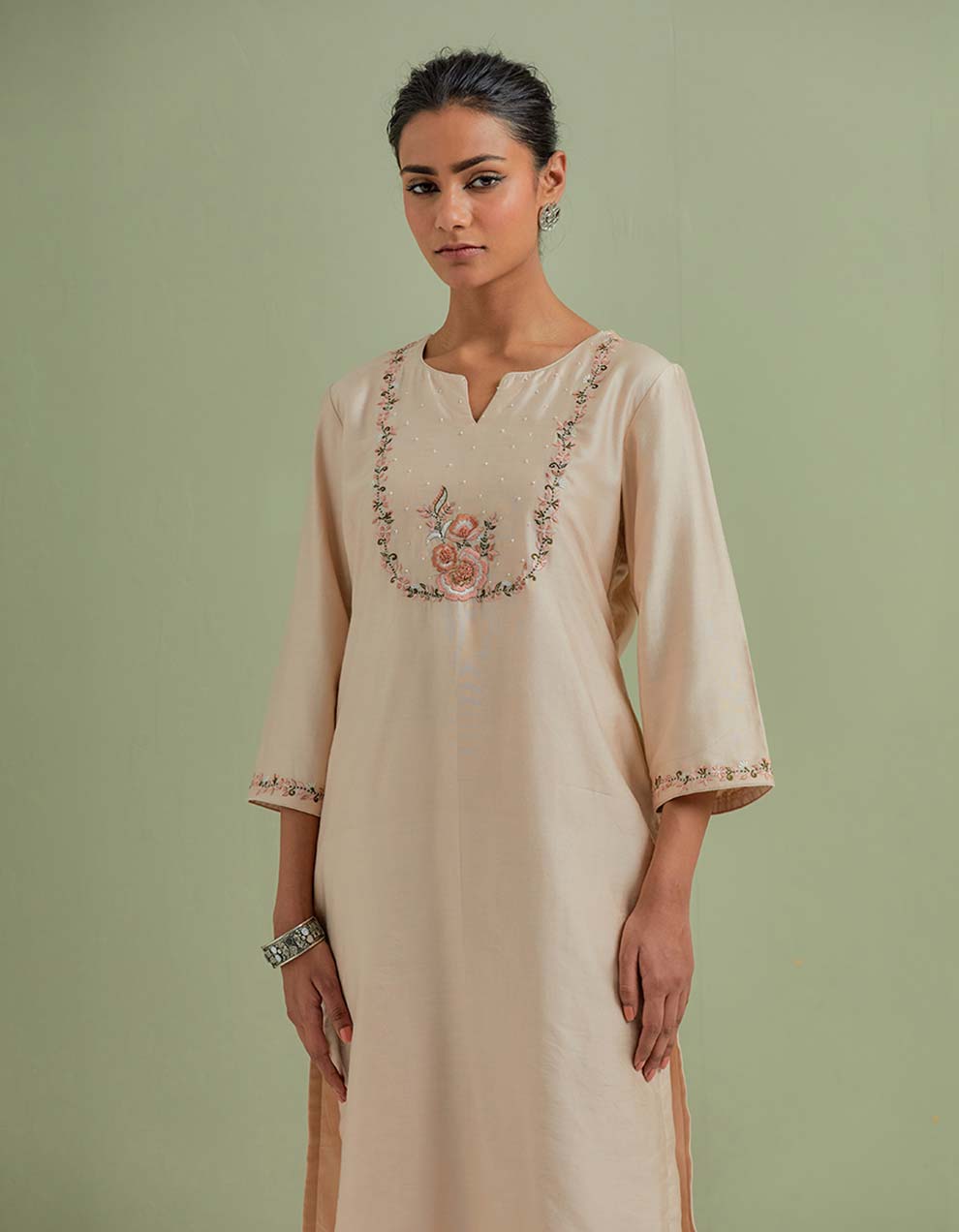 Beige Embroidered Chanderi Silk Kurta