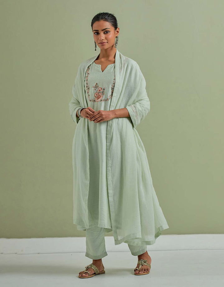 Green Embroidered Chanderi Silk Kurta with Pants and Cotton Dupatta- Set of 3