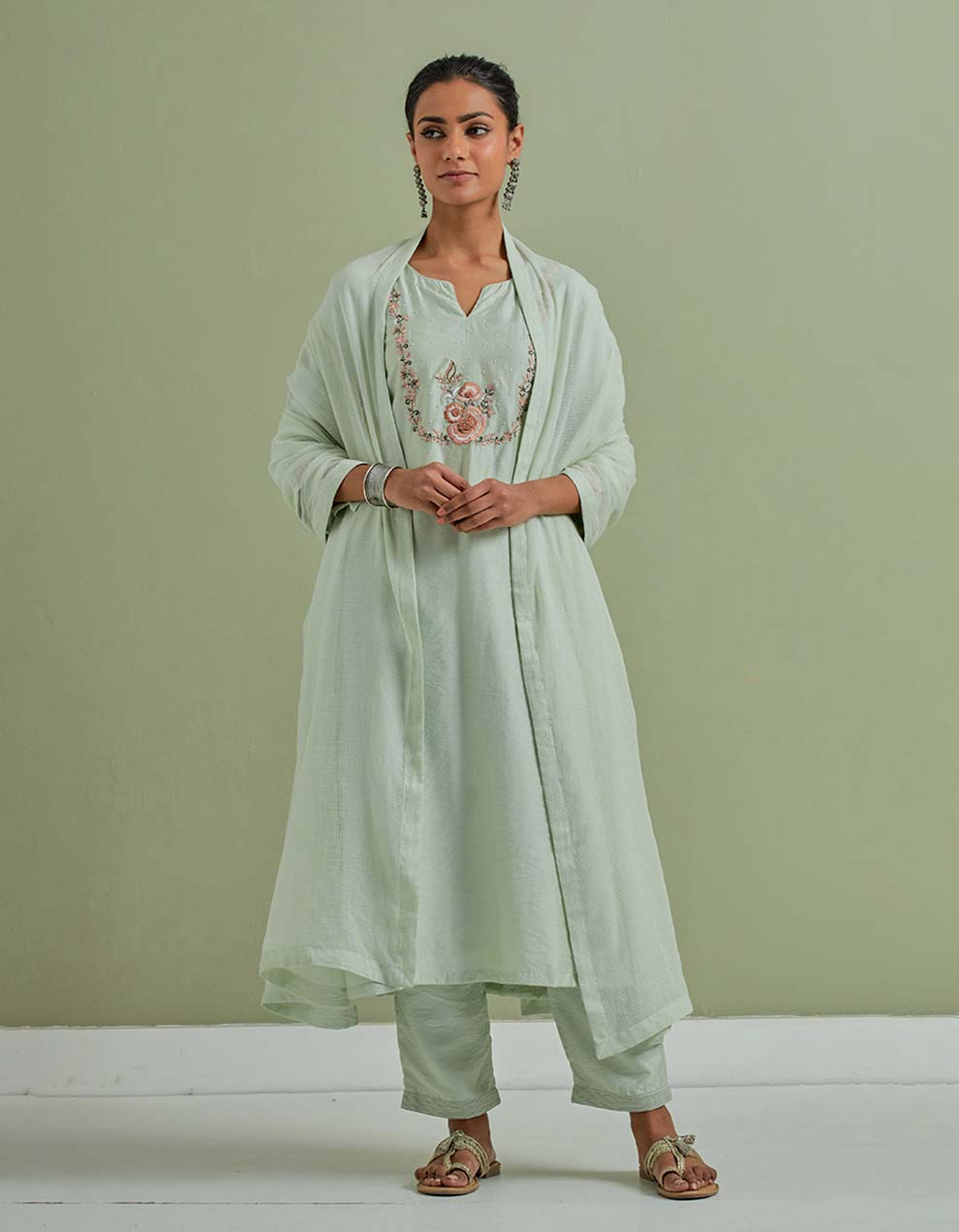 Green Embroidered Chanderi Silk Kurta with Pants and Cotton Dupatta- Set of 3