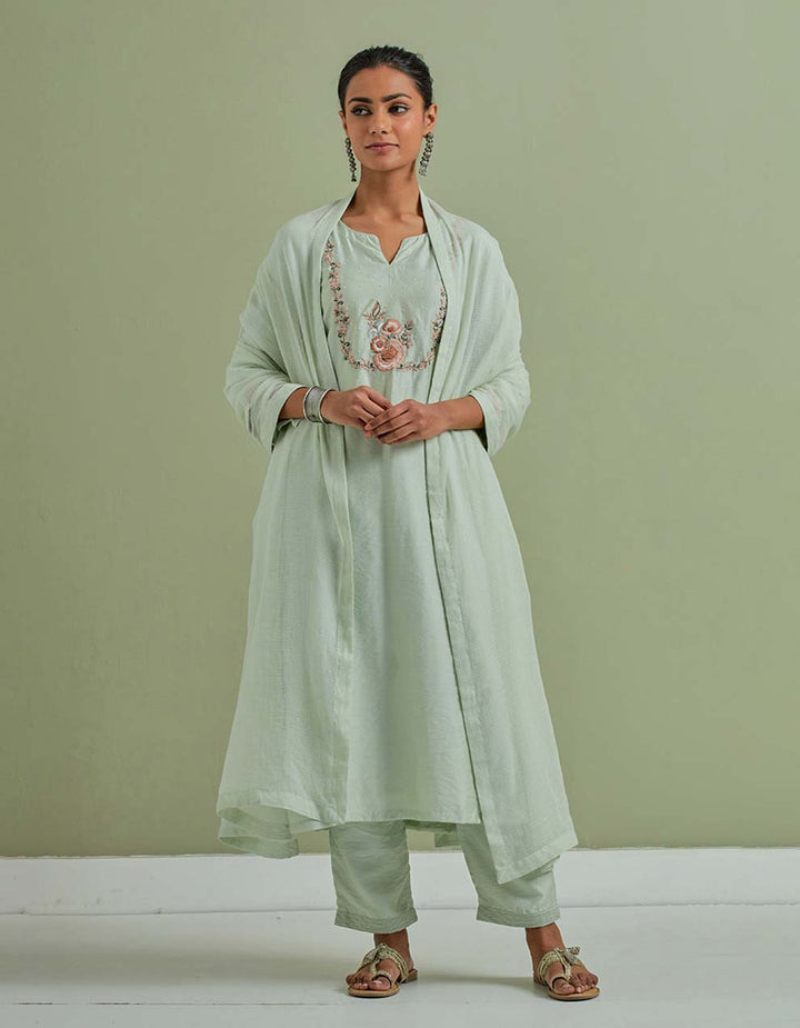 Green Embroidered Chanderi Silk Kurta with Pants and Cotton Dupatta- Set of 3