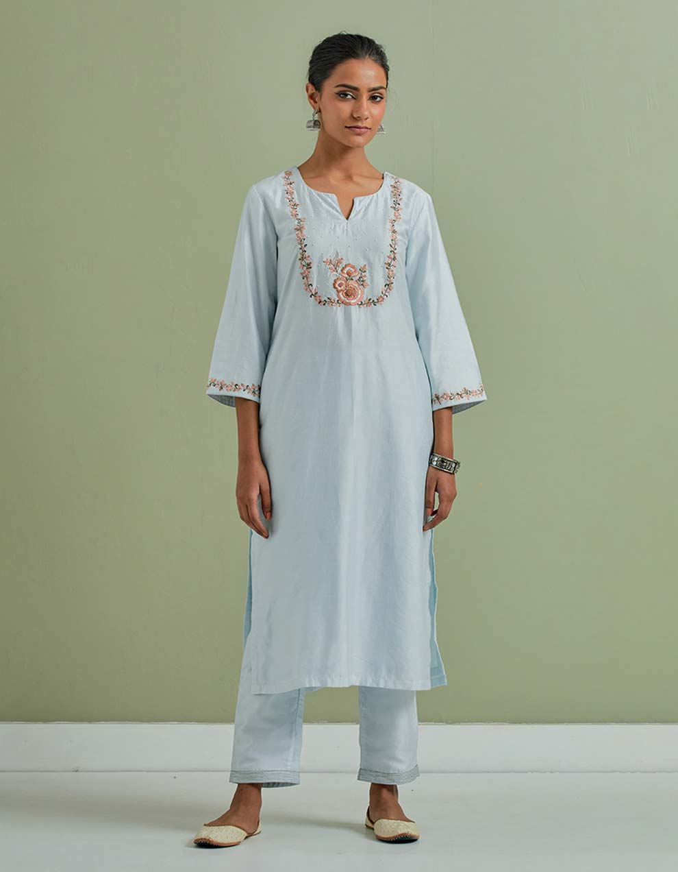 Powder Blue Embroidered Chanderi Silk Kurta with Pants - Set of 2