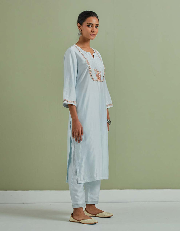 Powder Blue Embroidered Chanderi Silk Kurta with Pants - Set of 2