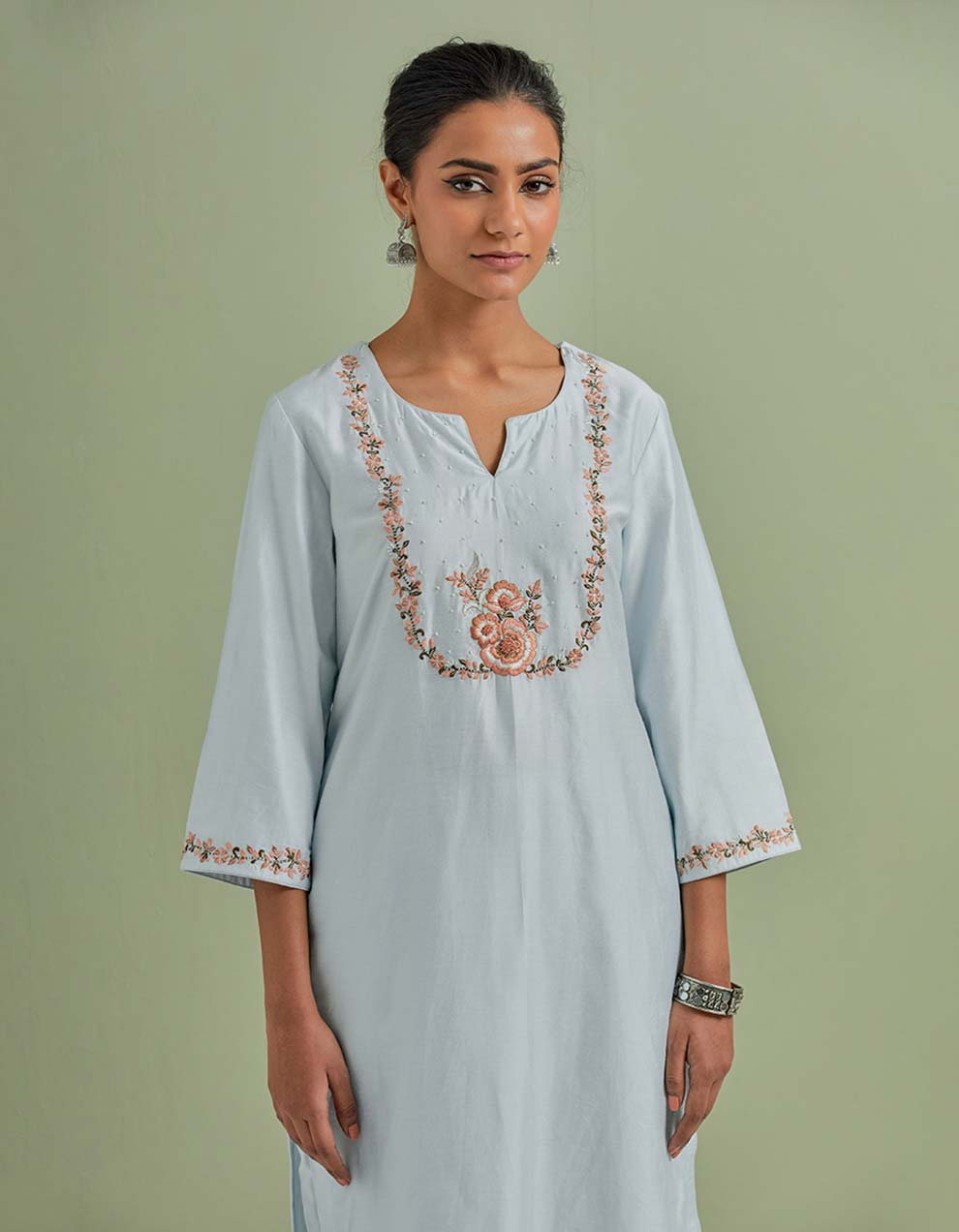 Powder Blue Embroidered Chanderi Silk Kurta with Pants - Set of 2