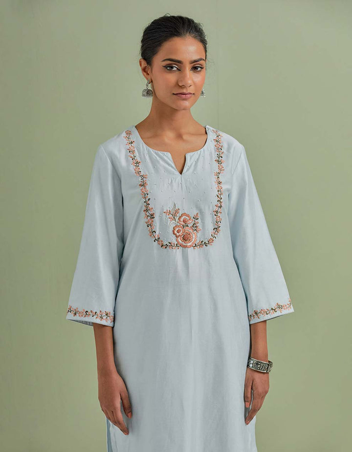 Powder Blue Embroidered Chanderi Silk Kurta