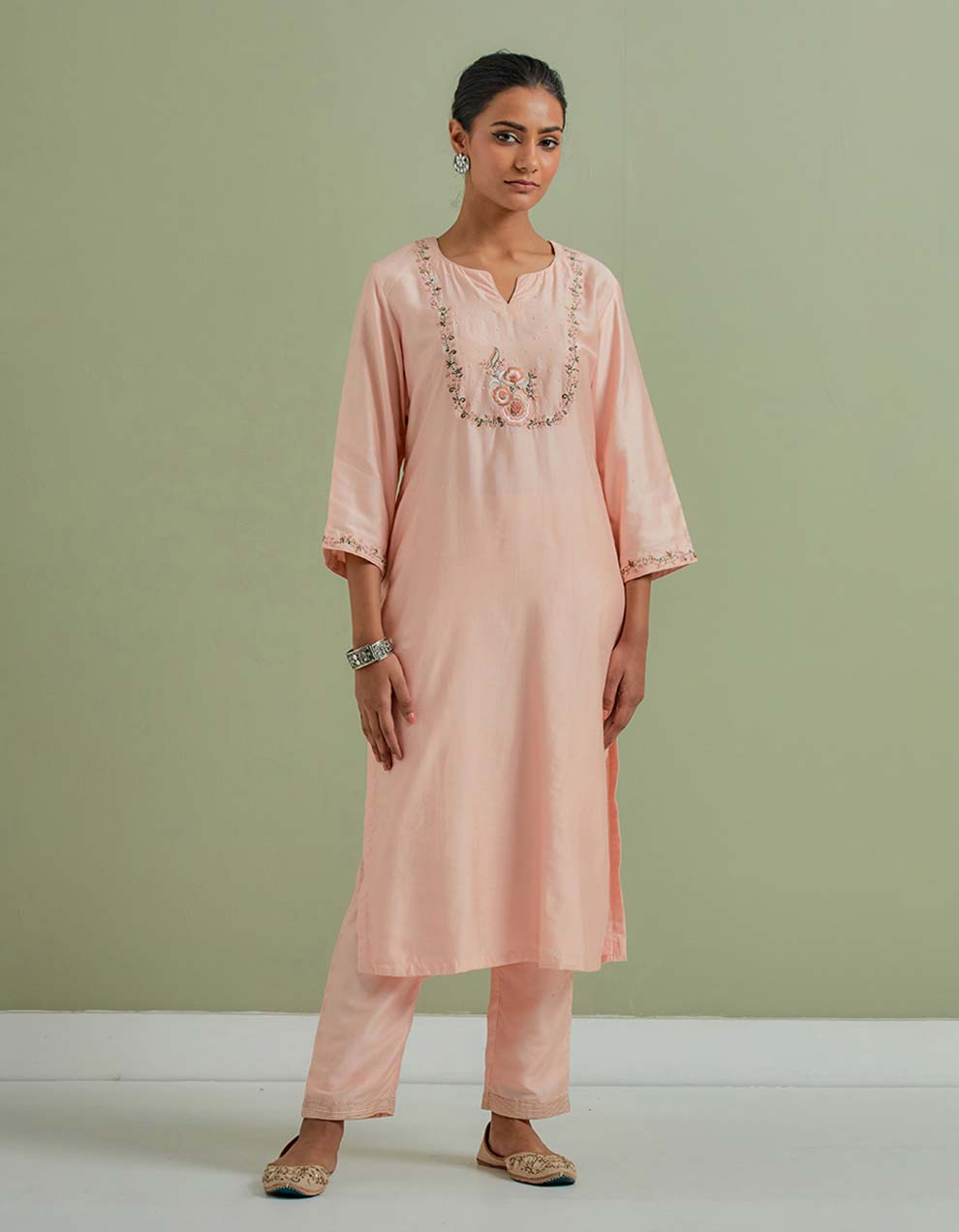 Peach Embroidered Chanderi Silk Kurta with Pants and Cotton Dupatta- Set of 3