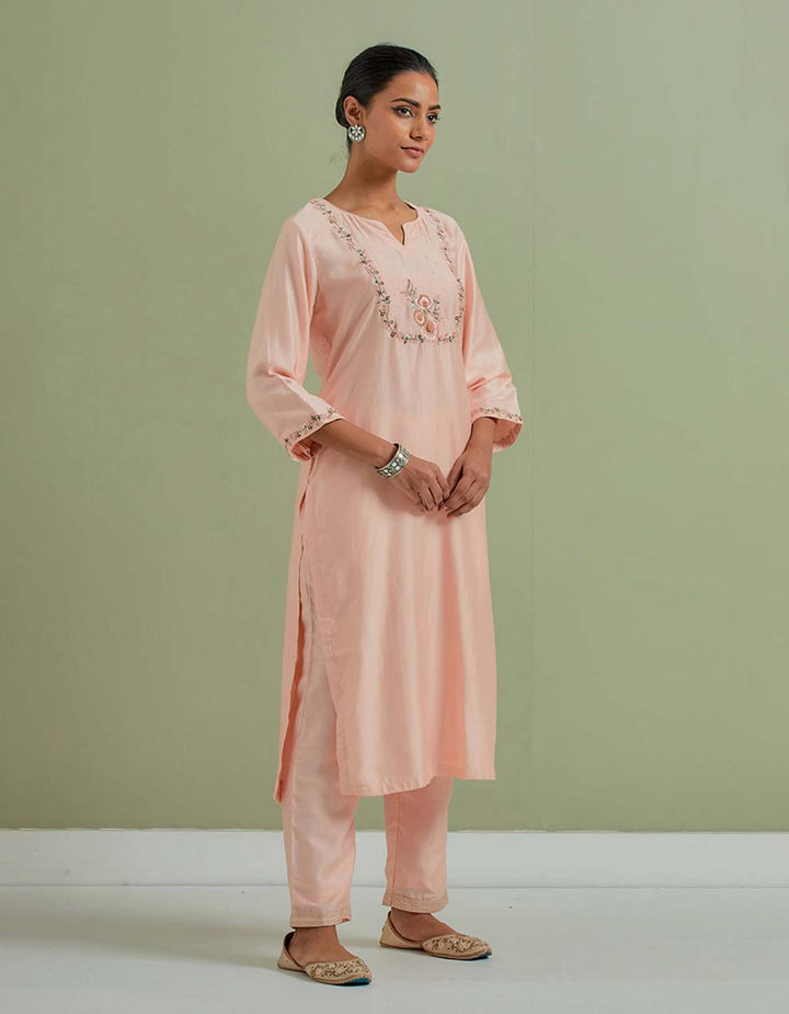 Peach Embroidered Chanderi Silk Kurta with Pants and Cotton Dupatta- Set of 3