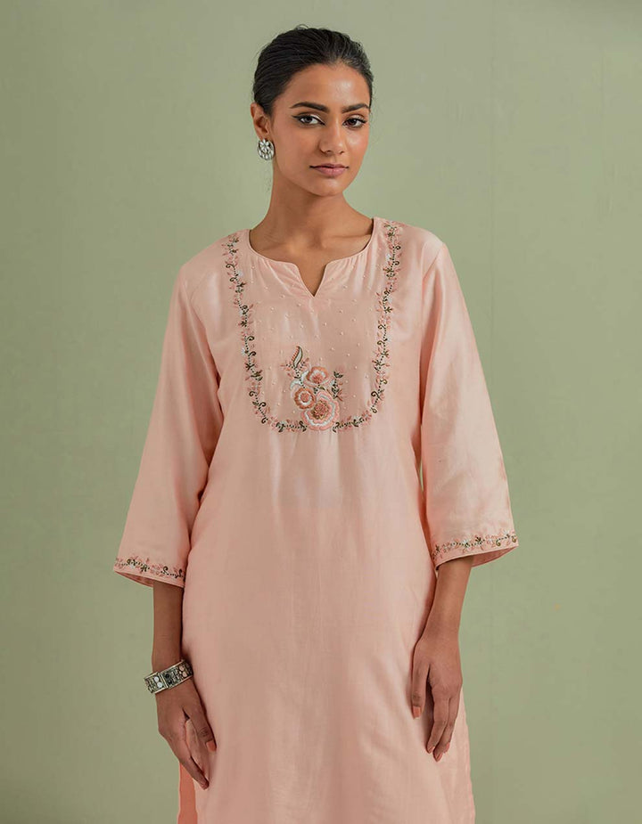 Peach Embroidered Chanderi Silk Kurta with Pants - Set of 2