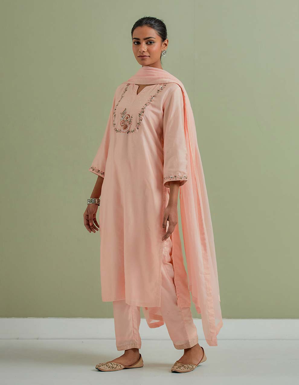 Peach Embroidered Chanderi Silk Kurta with Pants and Cotton Dupatta- Set of 3