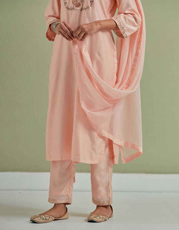 Peach Embroidered Chanderi Silk Kurta with Pants and Cotton Dupatta- Set of 3