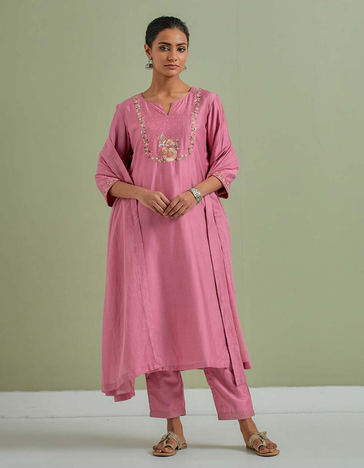 Pink Embroidered Chanderi Silk Kurta with Pants and Cotton Dupatta- Set of 3