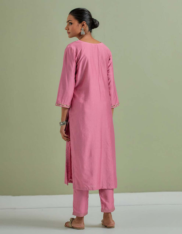 Pink Embroidered Chanderi Silk Kurta with Pants and Cotton Dupatta- Set of 3