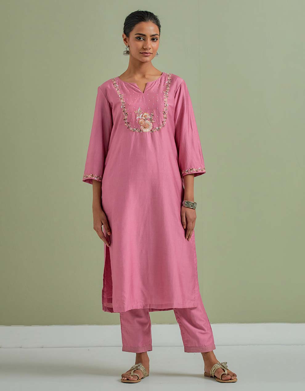 Pink Embroidered Chanderi Silk Kurta with Pants and Cotton Dupatta- Set of 3