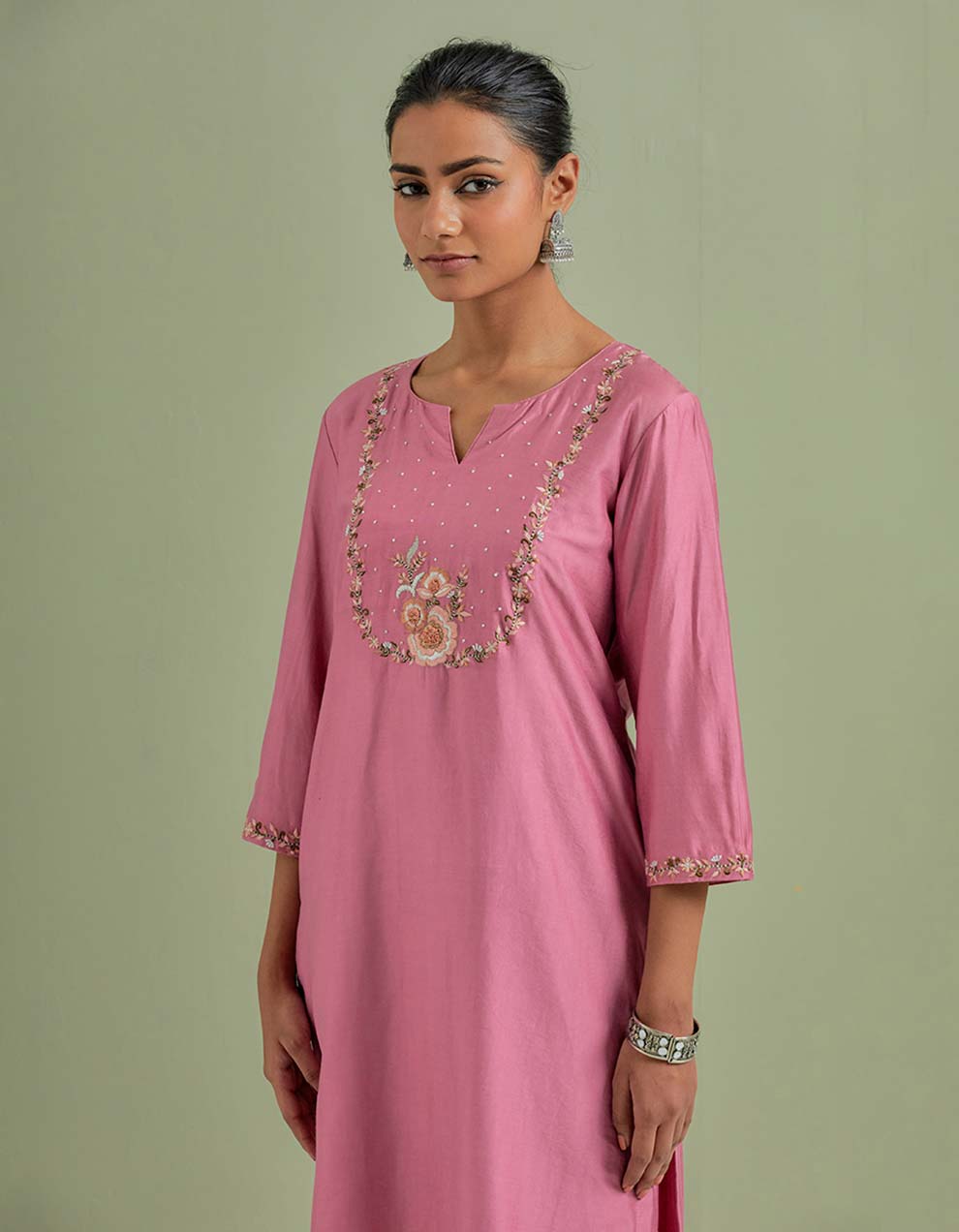 Pink Embroidered Chanderi Silk Kurta with Pants and Cotton Dupatta- Set of 3