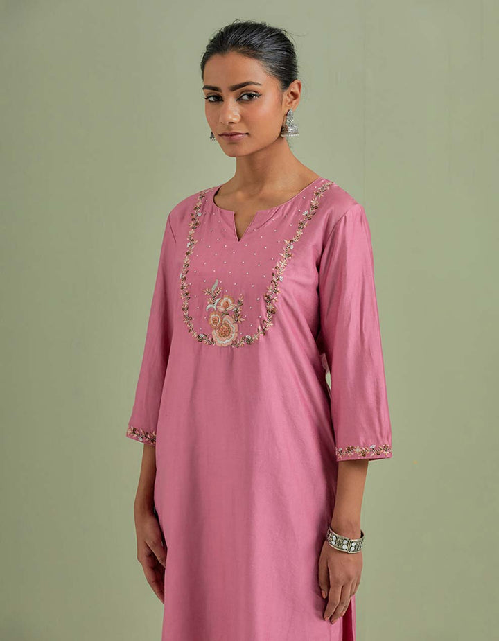 Pink Embroidered Chanderi Silk Kurta