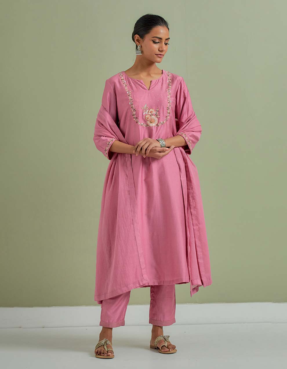 Pink Embroidered Chanderi Silk Kurta with Pants and Cotton Dupatta- Set of 3