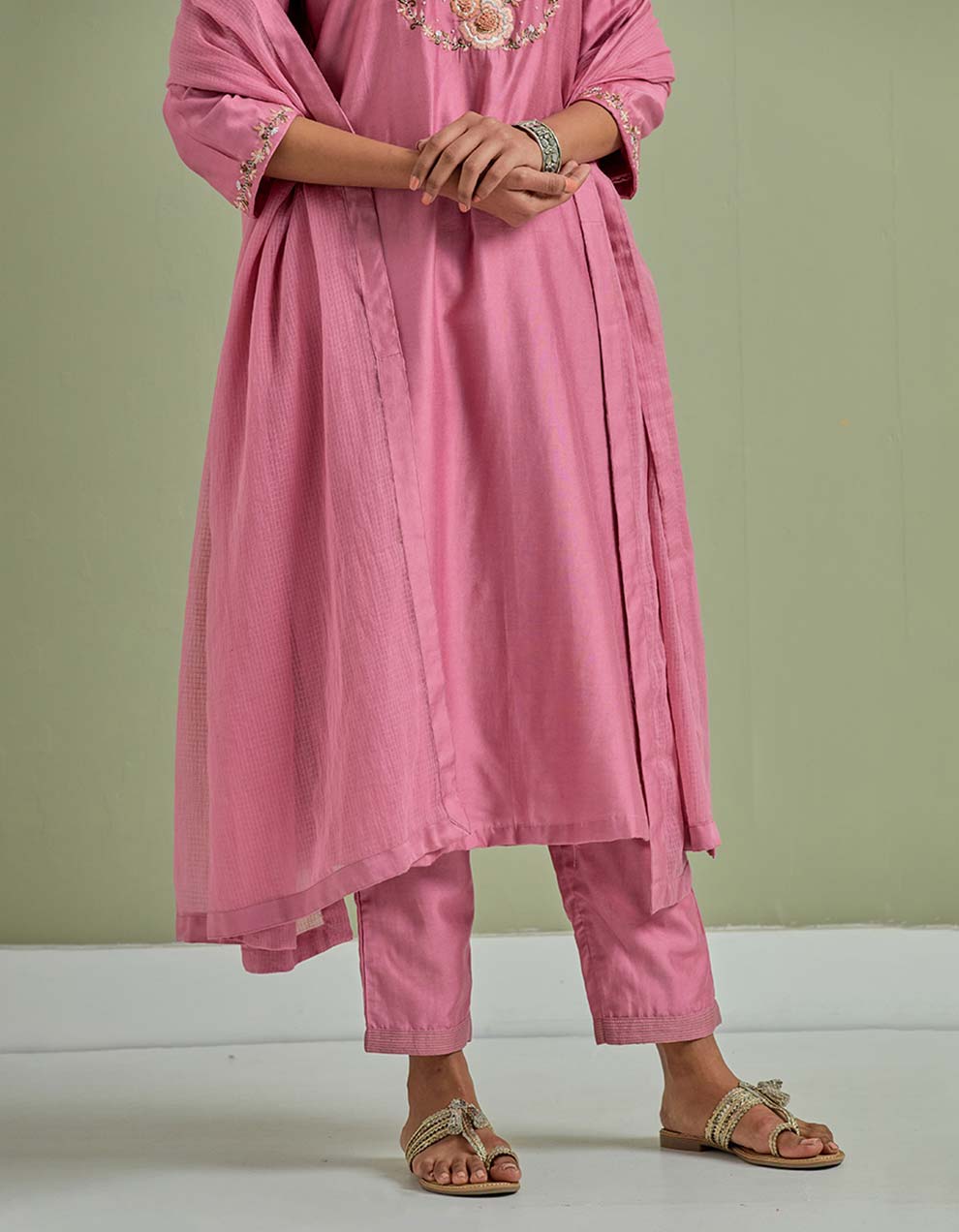 Pink Embroidered Chanderi Silk Kurta with Pants and Cotton Dupatta- Set of 3