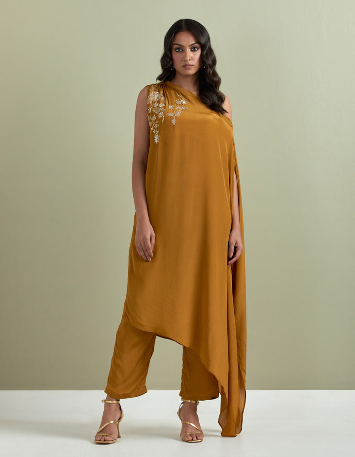 Mustard Embroidered Crepe Kurta