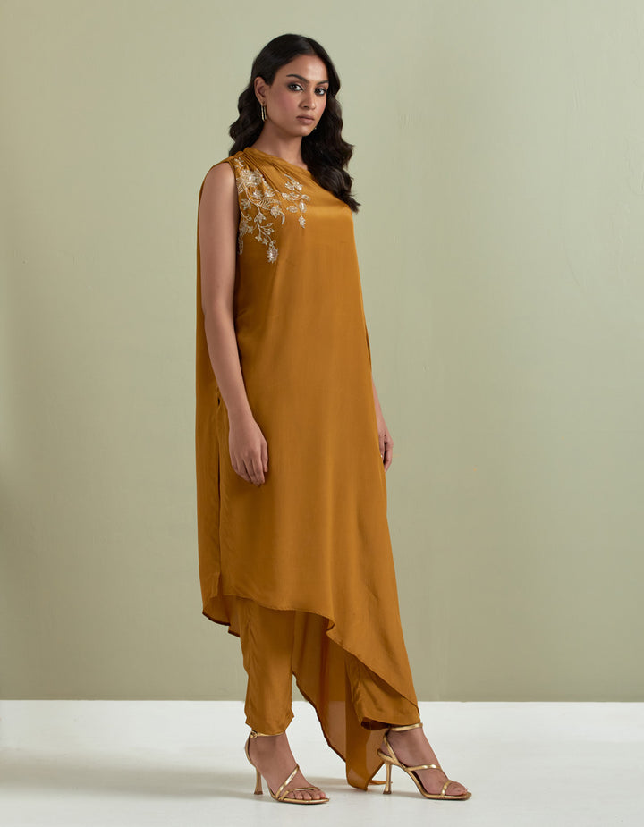 Mustard Embroidered Crepe Kurta