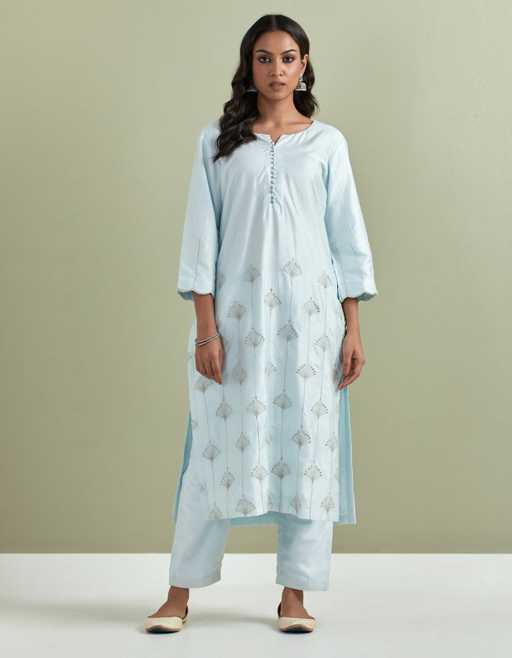 Powder blue embroidered chanderi silk kurta with pants and cotton dupatta- Set of 3