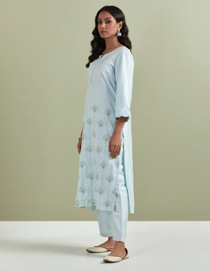 Powder blue embroidered chanderi silk kurta with pants and cotton dupatta- Set of 3