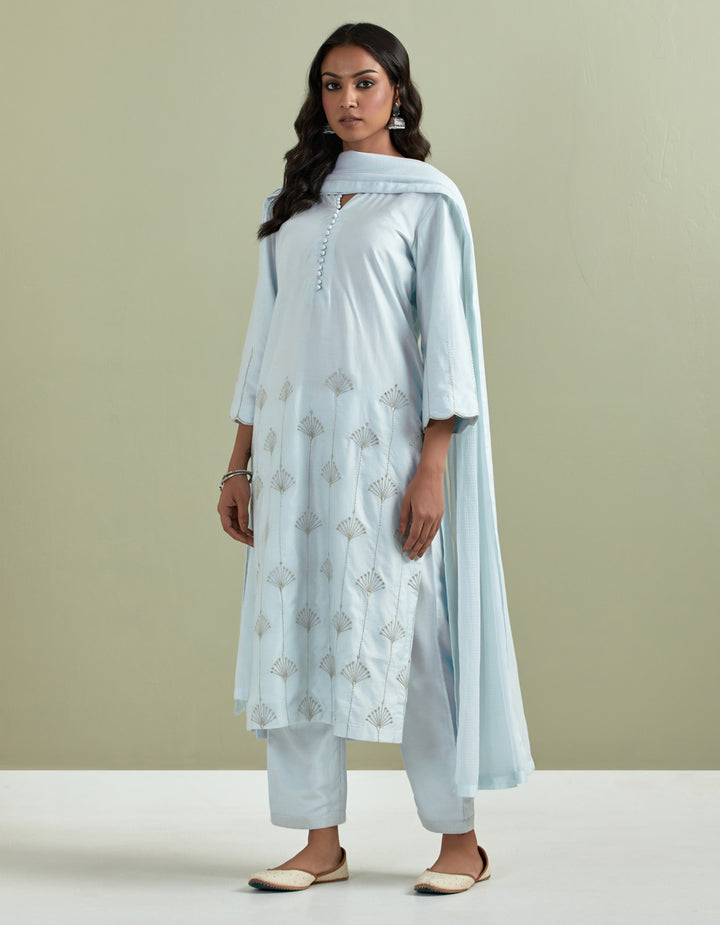 Powder blue embroidered chanderi silk kurta with pants and cotton dupatta- Set of 3