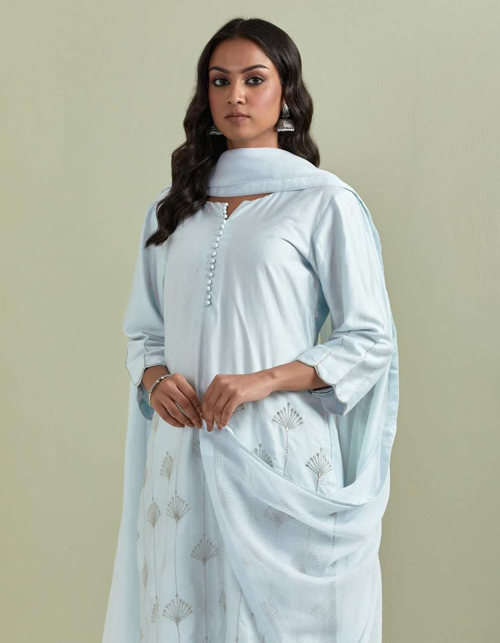 Powder blue embroidered chanderi silk kurta with pants and cotton dupatta- Set of 3