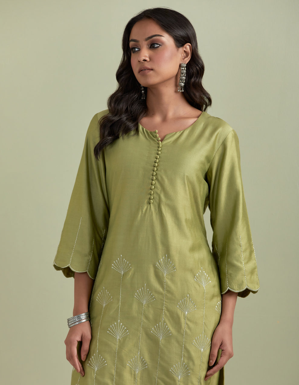 Green embroidered chanderi silk kurta