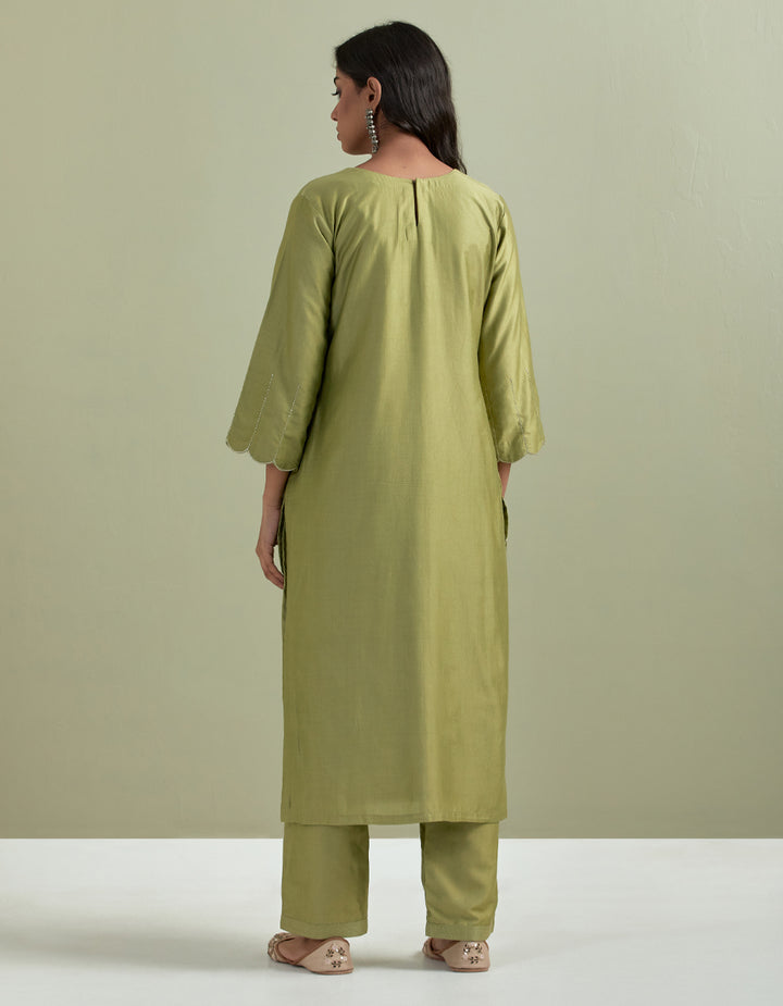 Green embroidered chanderi silk kurta