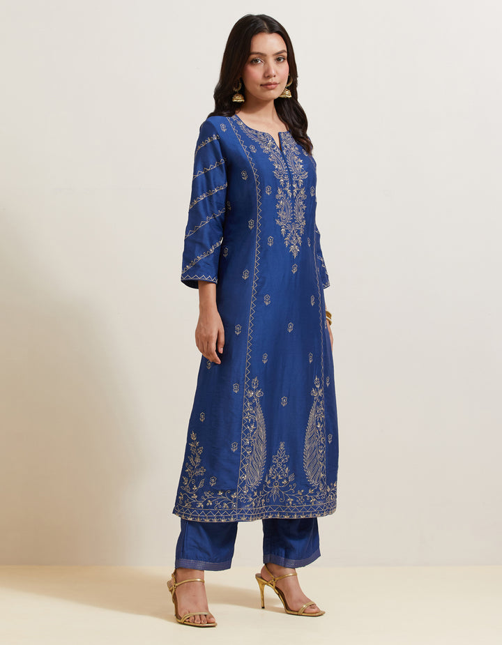 Blue embroidered chanderi silk kurta