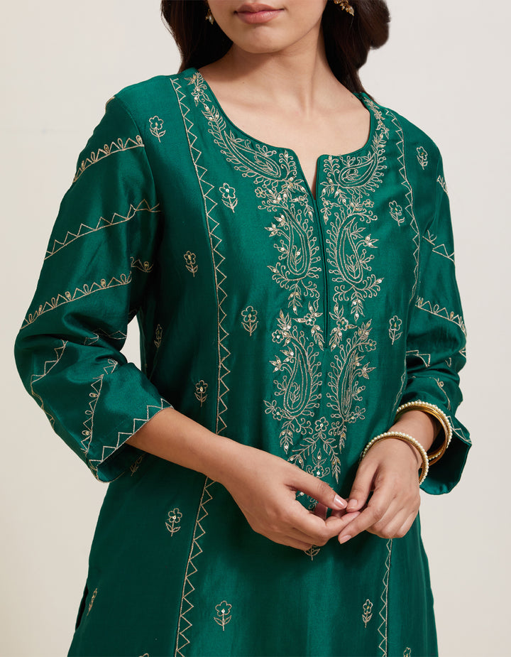 Green embroidered chanderi silk kurta