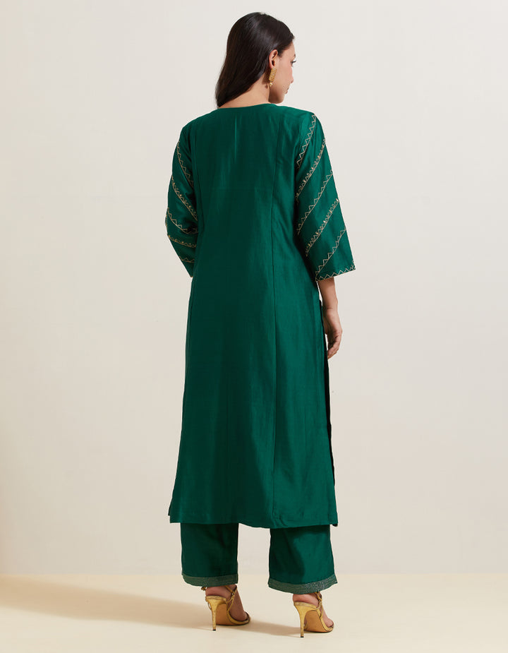 Green embroidered chanderi silk kurta