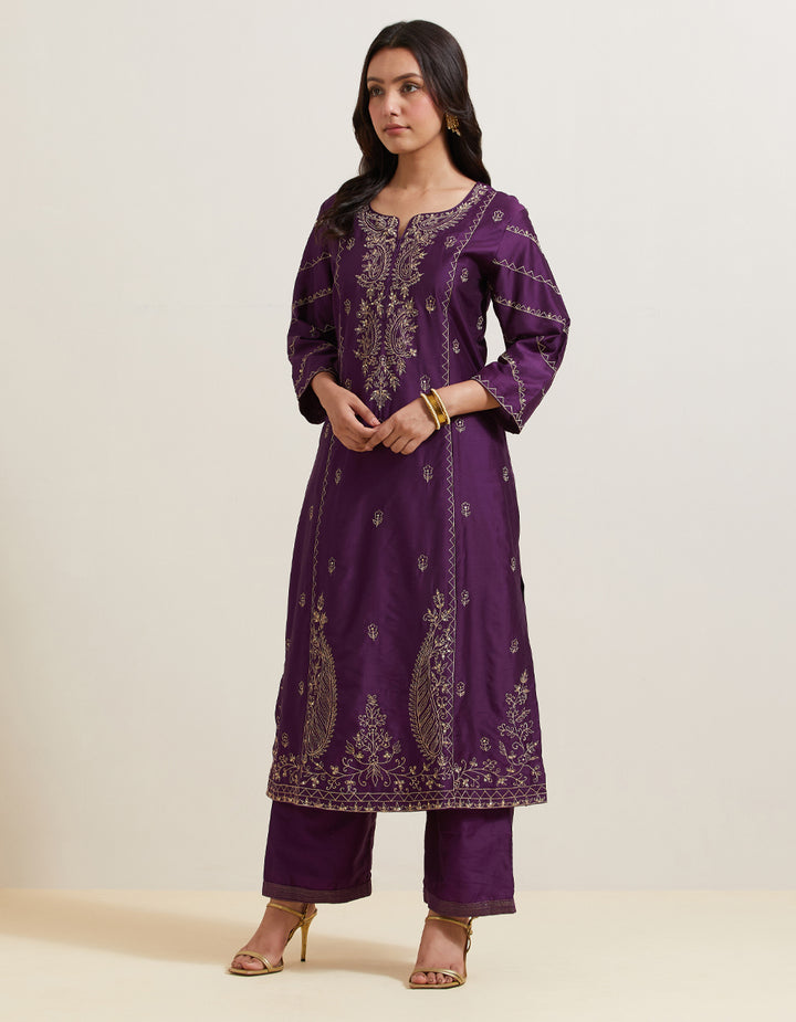 Purple embroidered chanderi silk kurta with pants - Set of 2