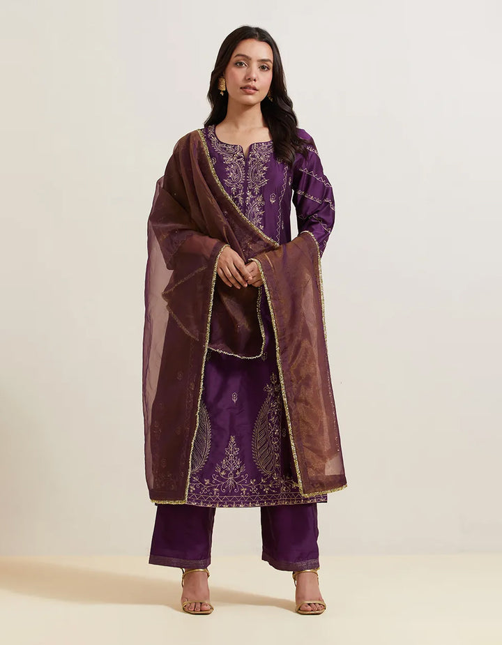 Purple embroidered chanderi silk kurta with pants and shimmer organza dupatta- Set of 3