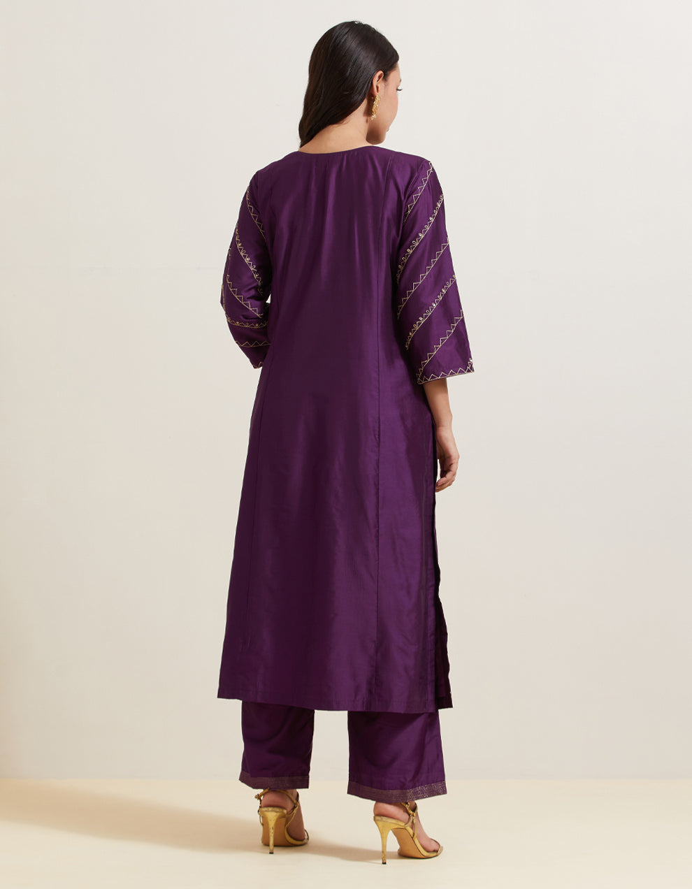 Purple embroidered chanderi silk kurta with pants - Set of 2