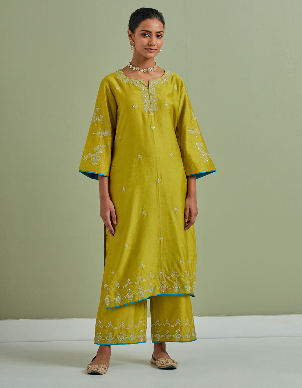 Lime green embroidered chanderi silk kurta