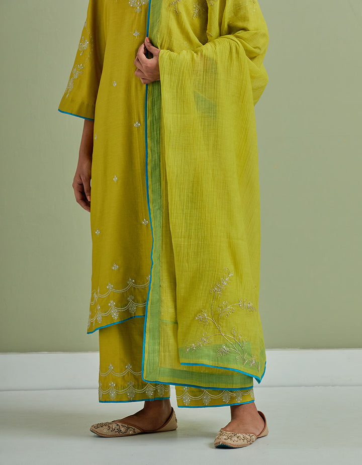 Lime green embroidered chanderi silk kurta