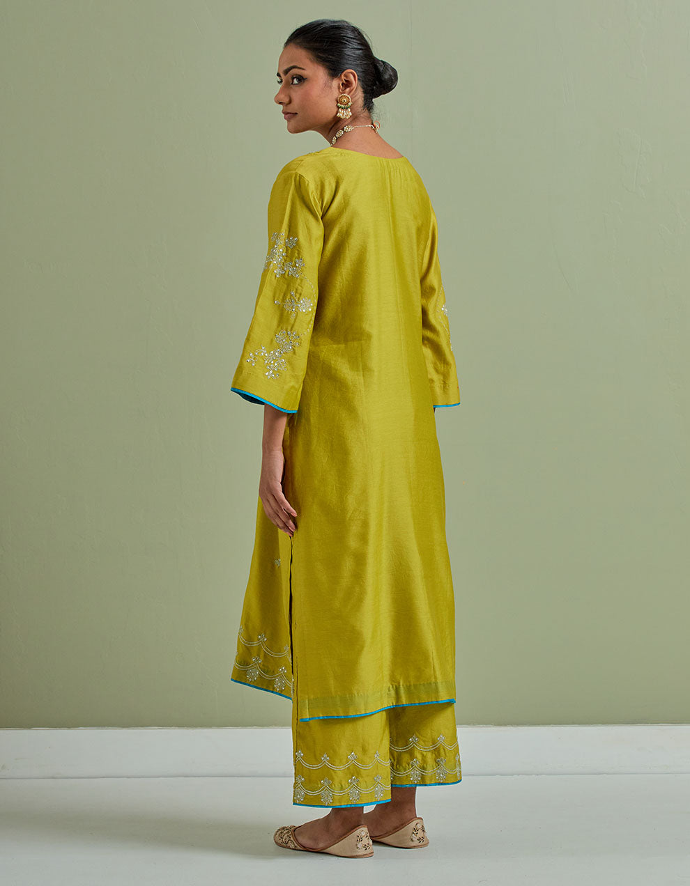 Lime green embroidered chanderi silk kurta