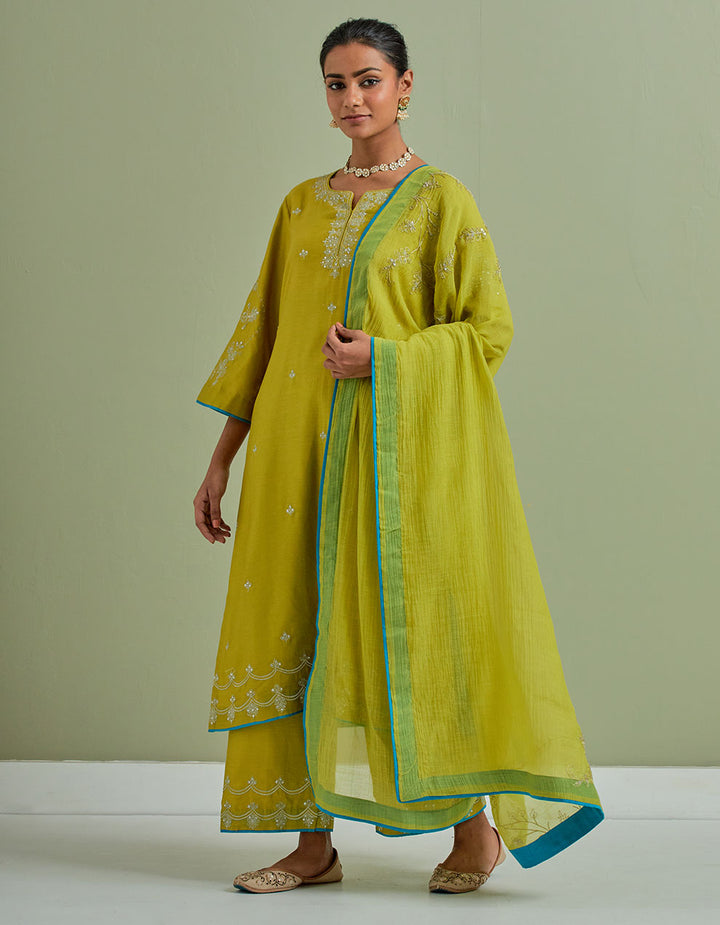 Lime green embroidered chanderi silk kurta with palazzo and dupatta- Set of 3