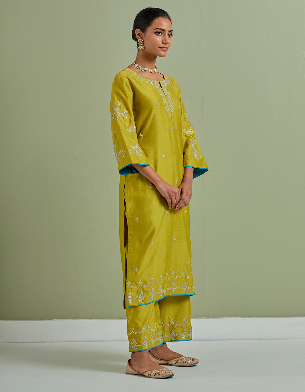 Lime green embroidered chanderi silk kurta