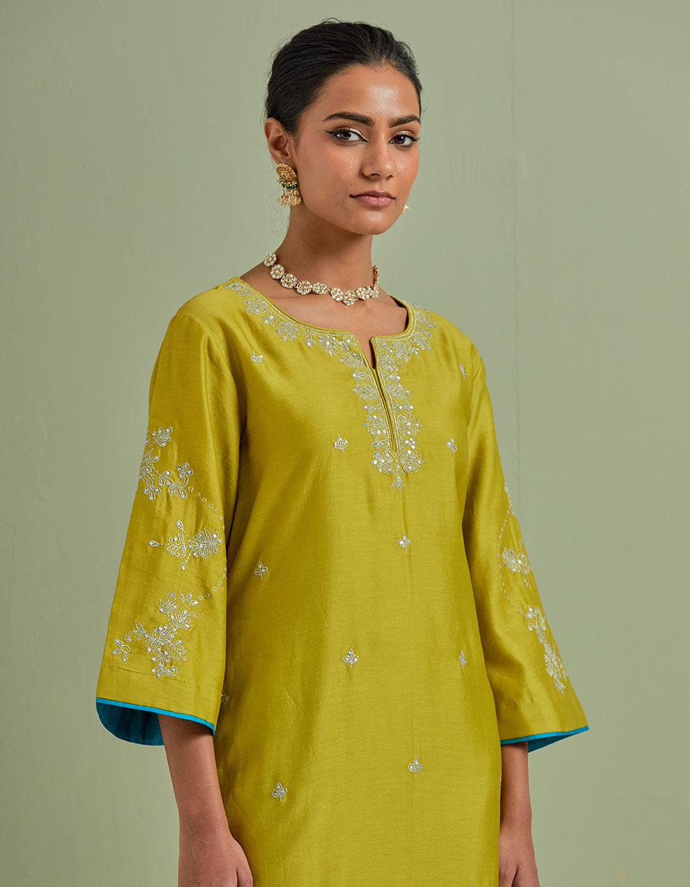 Lime green embroidered chanderi silk kurta