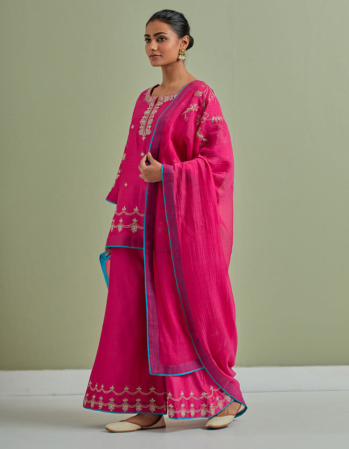 Pink embroidered chanderi silk kurta with palazzo and dupatta- Set of 3