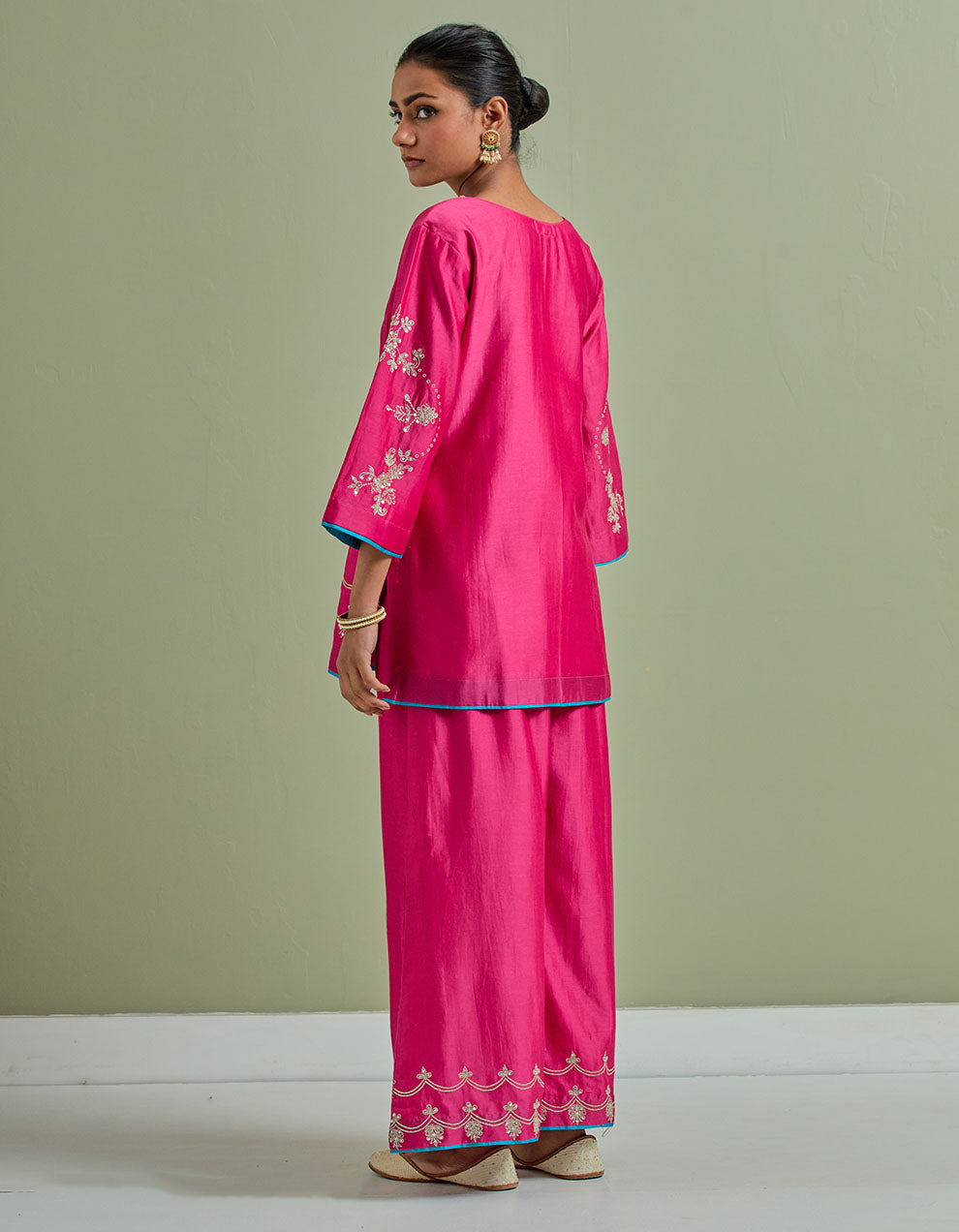 Pink embroidered chanderi silk kurta with palazzo -  Set of 2